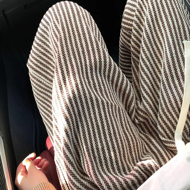 Women's Coffee Pinstripe Wool Pants: Petite 150, High-Waist, Wide/Narrow Leg, Autumn/Winter Drape