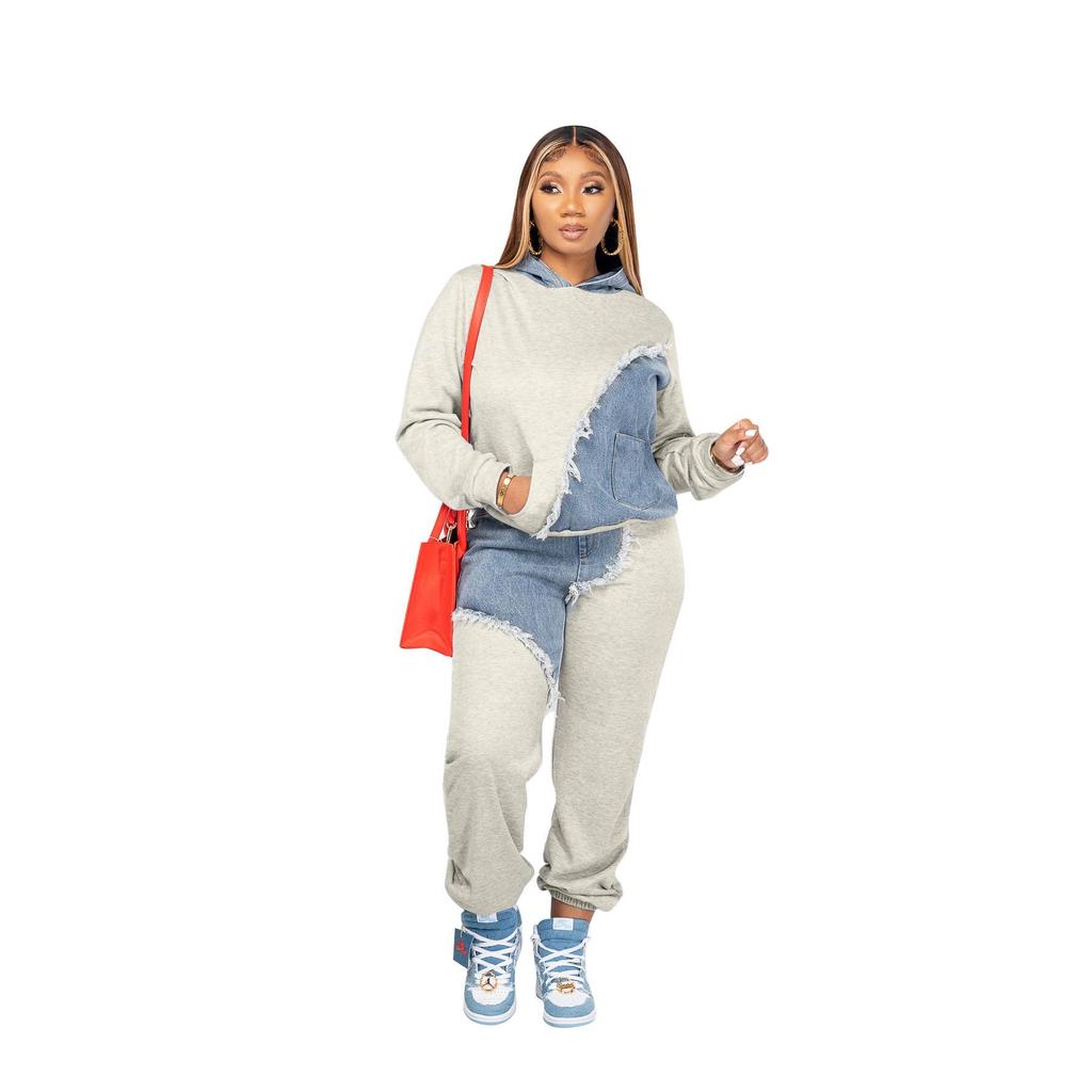Damen Zweiteiler Trainingsanzug Herbst Jeans Spleißen Kapuzenoberteil Sweatshirts Tasche Jogger Hosenanzug Lose Weibliche Bürodame