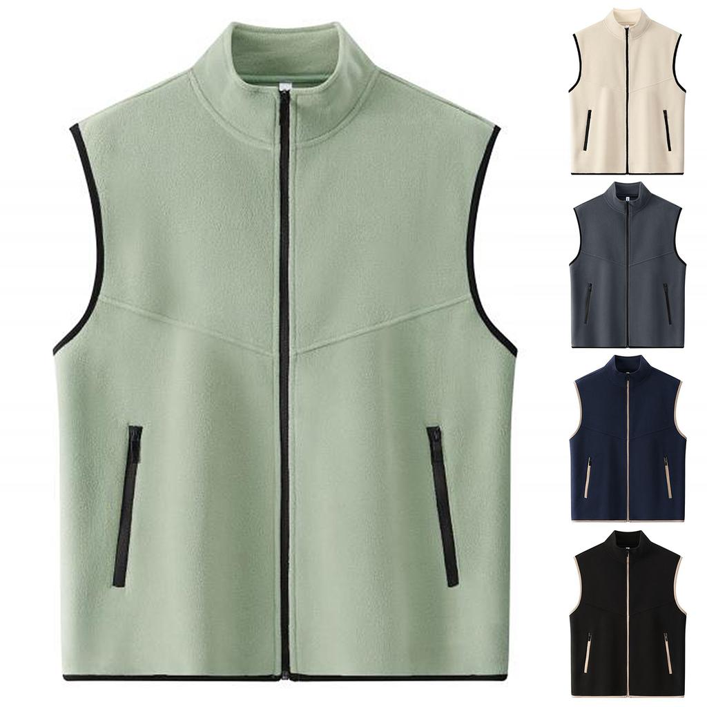 Men's Solid-color Casual Zip-up Jacket, Fleece Stand-up Collar Vest