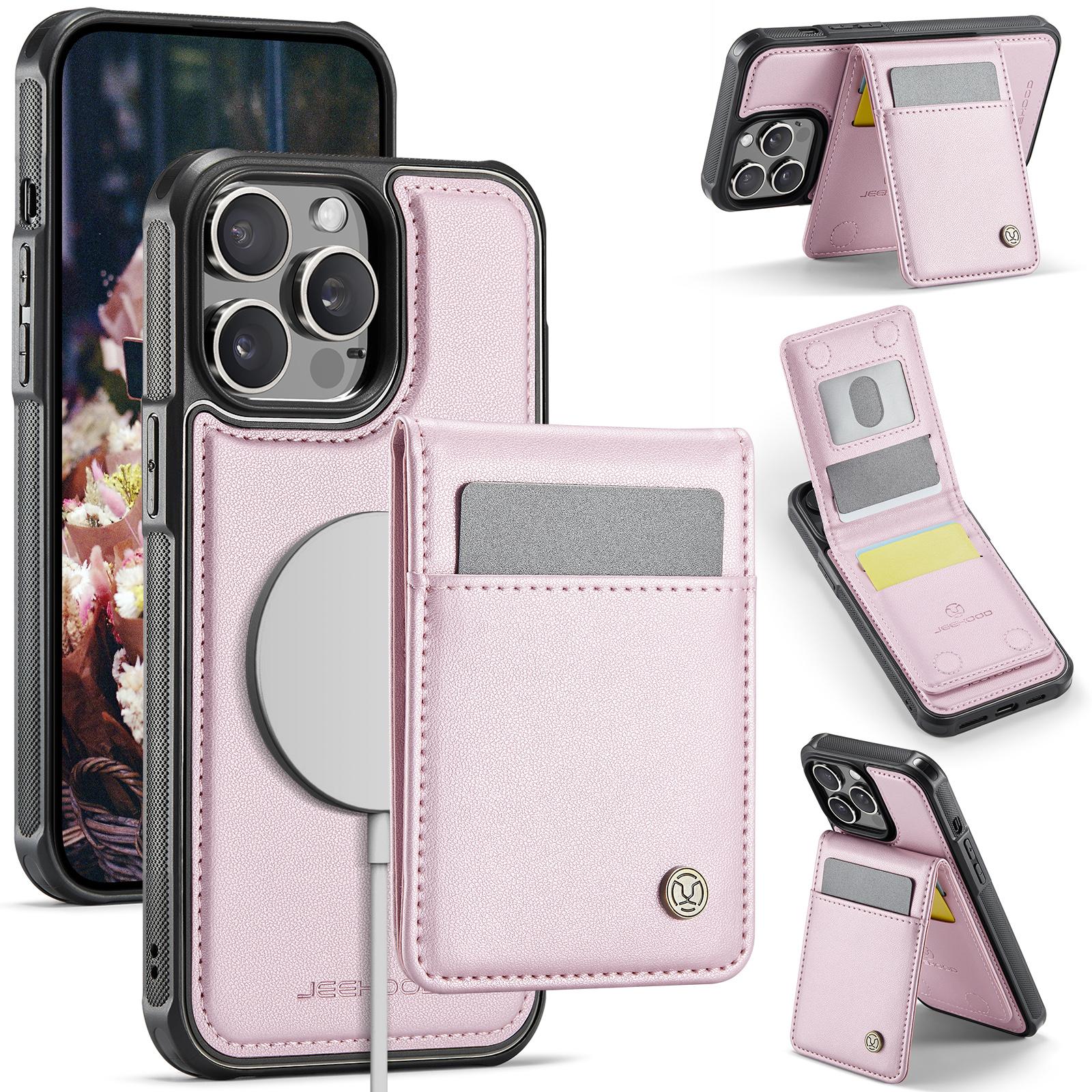 

For iPhone 13 Pro 6.1 inch Leather Back Cover Compatible with MagSafe JEEHOOD J06 Phone Case with Card Bag RFID Blocking Pink