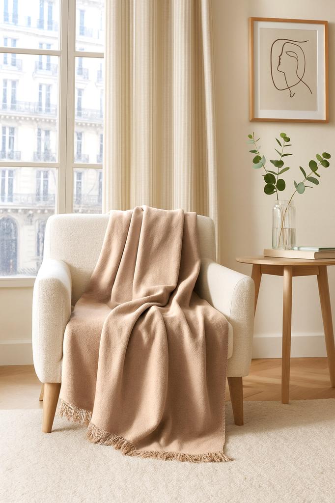 150x200 Cotton Blanket with Fringes, Single-colored, Light Beige