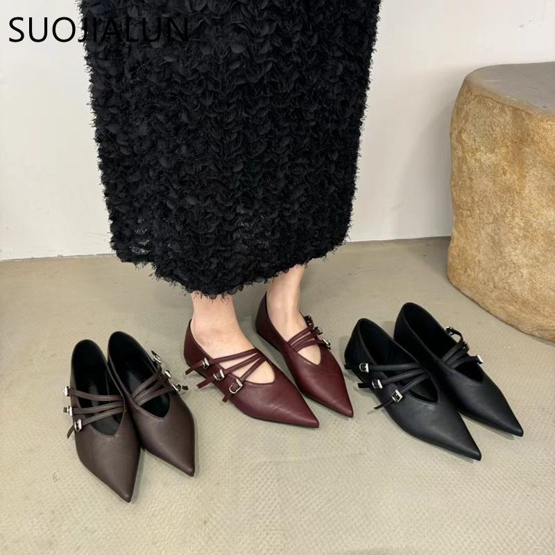 Fashion SUOJIALUN Autumn Women Flat Shoes Fashion Buckle Pointed Toe Shallow Slip On Boat Shoes Soft Flat Heel Outdoor DressBallerinas