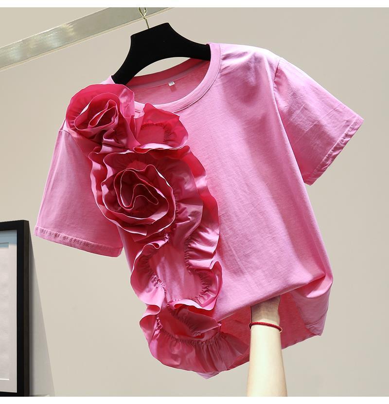2023 Summer Women's Loose Slimming 3D Floral Patchwork Frilly Top