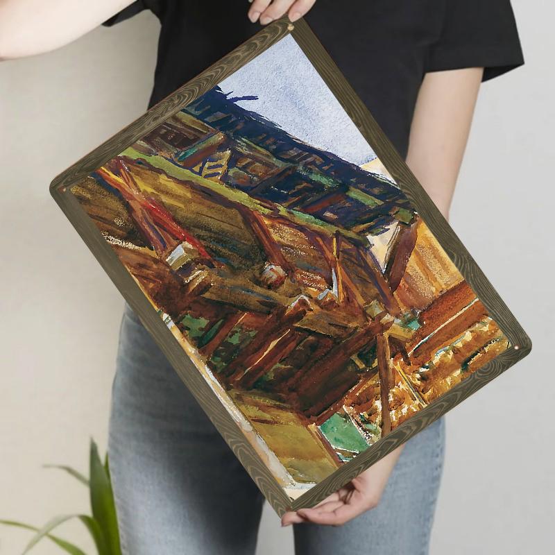 

Hand Painted Abstract Architecture Metal Wall Art Retro Industrial Home Decor Living Room Hanging Painting 20x30cm（7.8x11.8inch）