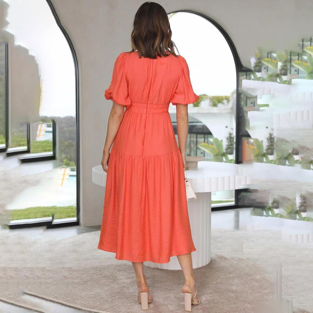 Dámské jarní jednobarevné šaty s krátkým nabíraným rukávem letní ležérní šaty s výstřihem do V a vysokým pasem ke kotníkům S-XL