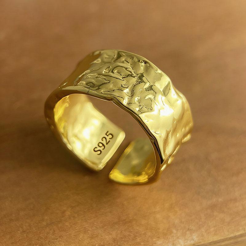 

BF CLUB 925 Sterling Rings for Women Simple Geometric Handmade Irregular Retro Gold Flat Ring Allergy For Birthday Gift resizable