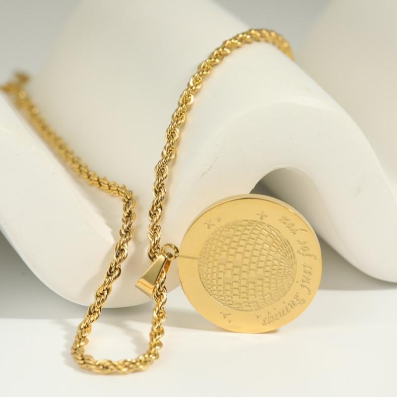 Metal Thick Twists Rope Chain Necklace Simple Clavicle Chain Engraved Light Ball Pendant Necklace Fashion Party Jewelry