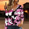 Women Plus Size White Base Blue Leopard Print Lace Up V Neck Long Sleeve Casual Blouse