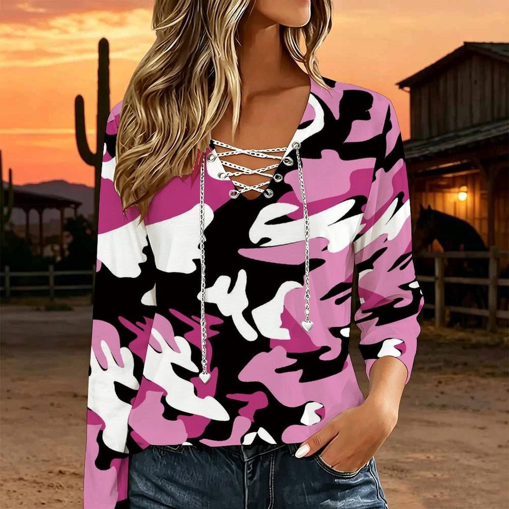 Women Plus Size White Base Blue Leopard Print Lace Up V Neck Long Sleeve Casual Blouse
