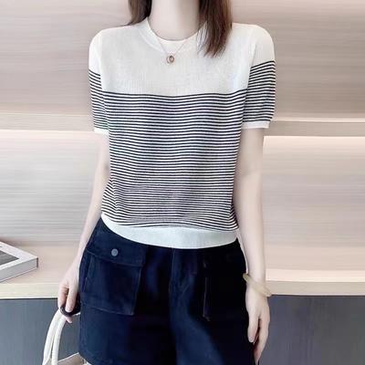 Damen Sommer T-Shirt Vintage Gestreift Kurzarm Koreanische Mode Rundhals Patchwork Tuniken Lässig Gestrickt