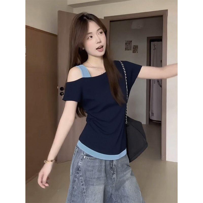 

Women s Navy Blue Off-the-Shoulder Two-Piece Look T-Shirt, Summer Fashion Short-Sleeve Slim Fit Fabric in Stock, Not as Pictured