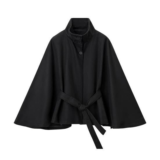 Women's Batwing Sleeve Wool Poncho Coat Stand Collar Cropped Cape Jacket with Belt Fall Winter Short Trench Pea Coat