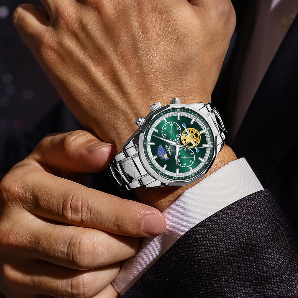 NIBOSI Business Big Designer Metal Stainless Skeleton Gift for Green Men's Wristwatch, Chronograph, Face, Brand, Stylish, Casual, Band, Steel, Analog,