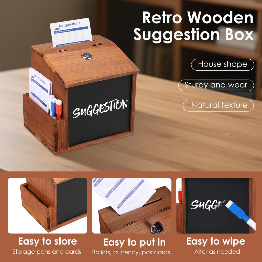 Wood Suggestion Box Wall-mounted Comment Box with Slot and 3 Erasable Pens Lockable Money Drop Box for Home Office Decoration