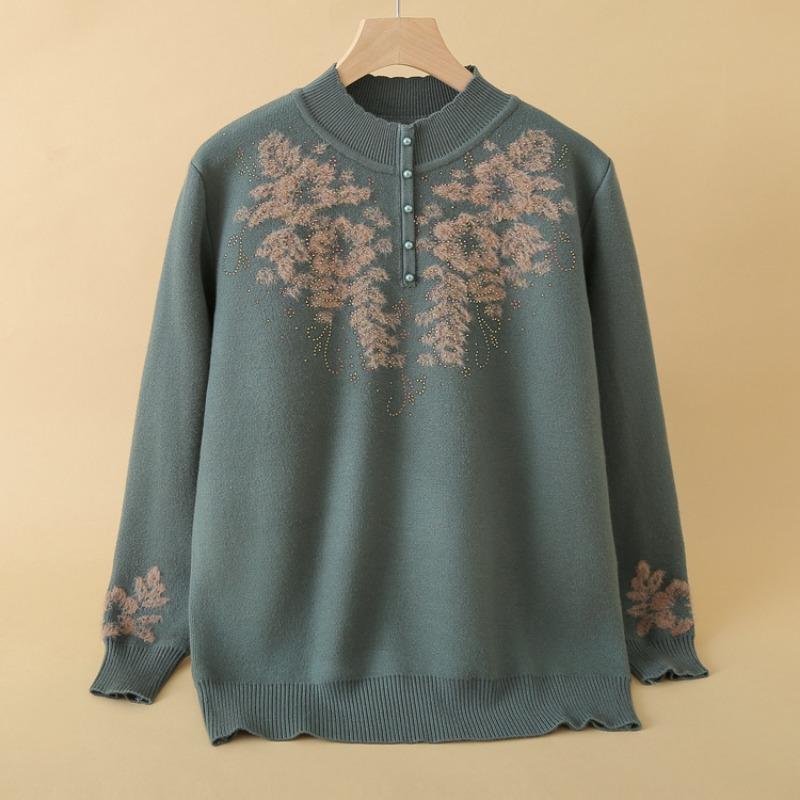 Middle-aged and old fleece mother sweater thickened women's knitted sweater integrated fleece warm backing top mother-in-law clothes