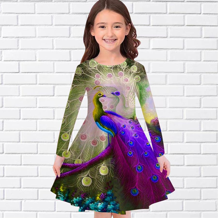 

Girl Casual White Peacock Print Round Neck Long Sleeve Dress Kid Princess Dress