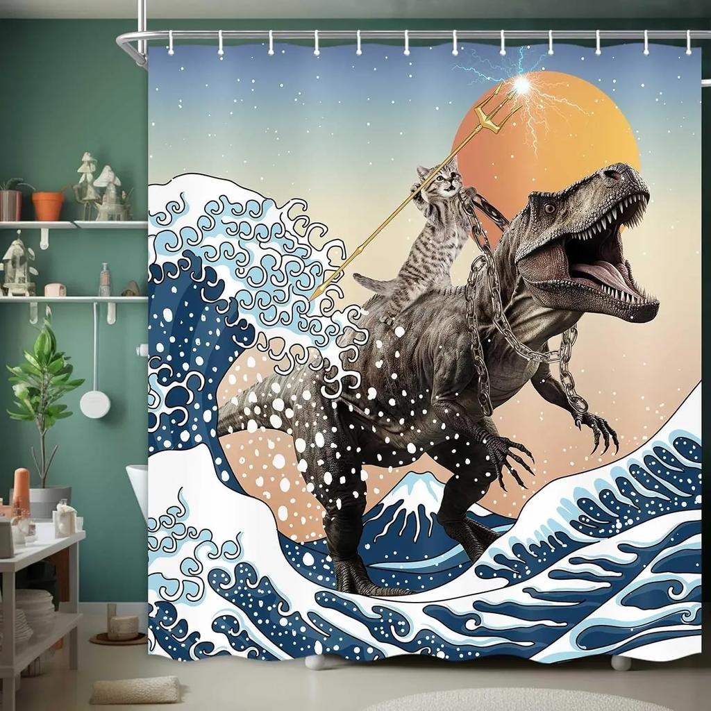 Cute Funny Dog Shower Curtain Cat Riding Dinosaur Funny Pet Cartoon Shower Curtain Boys Girls Bathroom Decor Shower Curtains