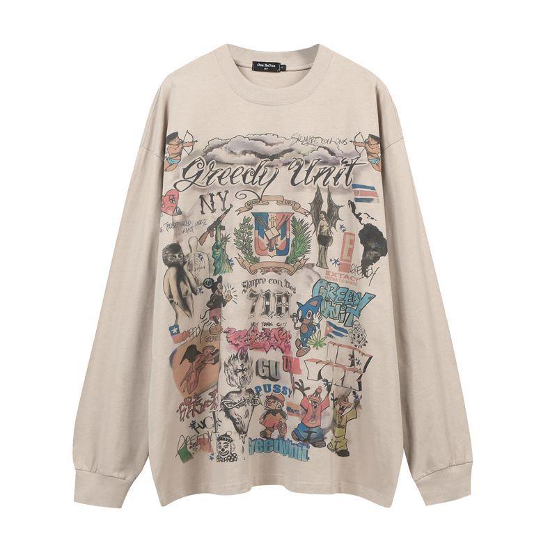 American Street Oversize Graffiti Long-Sleeved Bottom T-Shirt Men'S And Women'S Vibe Hip-Hop Trendy Long Tee Shirt