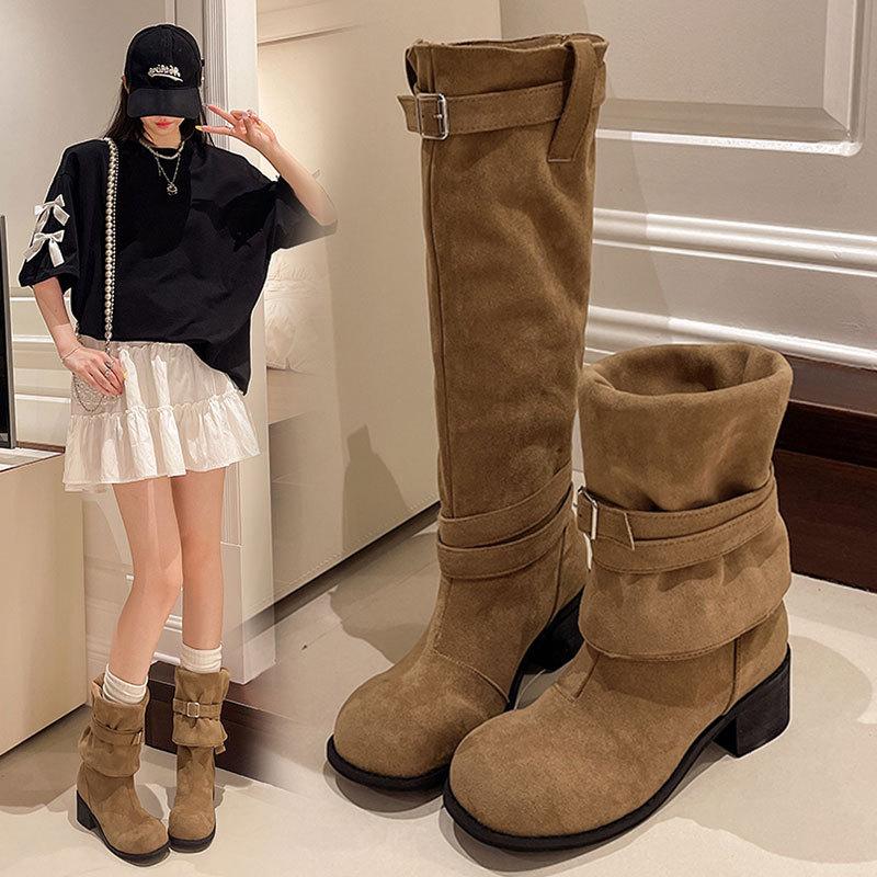 New summer breathable boots women's platform high boots medium tube brown pile boots Maillard boots