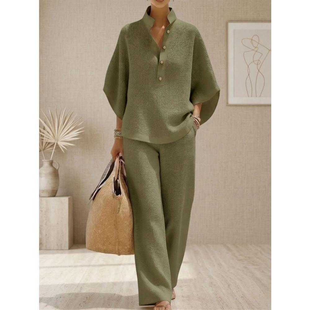 Women's Mandarin Collar Half Sleeve Button Up Shirt and Wide Leg Pants Casual Loungewear Set