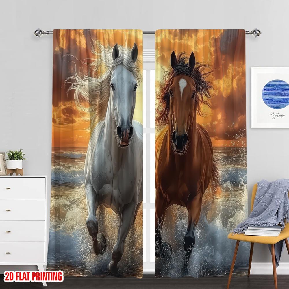 Flat Printing Scene Curtain White Brown Horses Running Beach Sunset Versatile Polyester Curtains Set Of 2 Made
