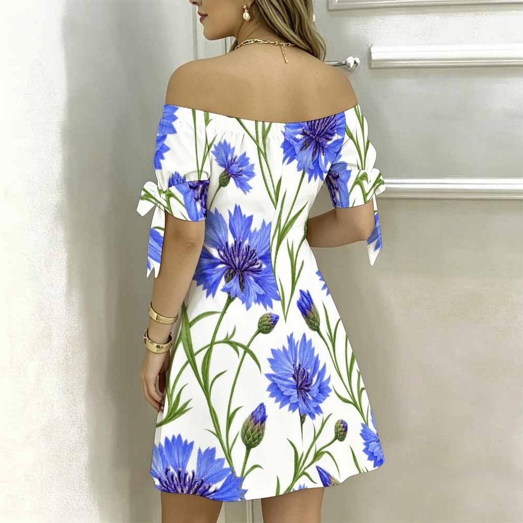 Women Plus Size Off Shoulder Short Sleeve Tie Cuff Printed White Blue Floral A Line Dress