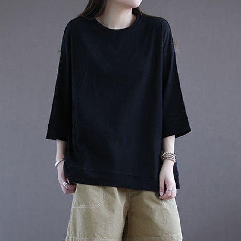 

Export Export Big Sale 100% Pure Cotton Half Sleeve T-shirt Female Loose Western Style Anti-Aging Casual Early Autumn 3/4 Sleeve Tops Black (Solid Color) M (Recommended Within 57.5kg