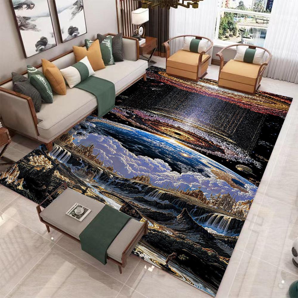 Fantasy Landscape Carpet Mat Golden Clouds Majestic Waterfall Living Room Rug with Heavenly Architecture Design Home Decoration