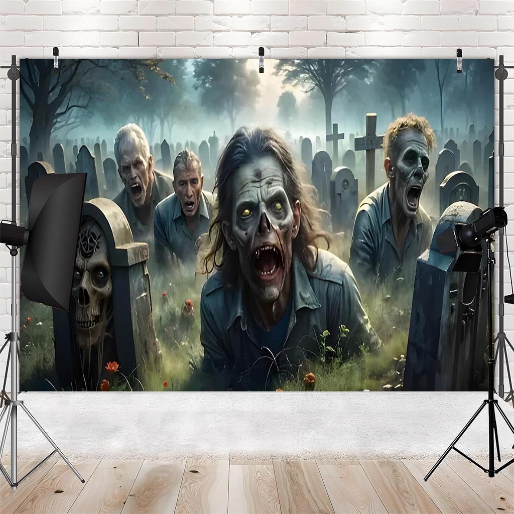 Striscione per festa con stampa piatta 2D 1 pezzo di tessuto per parete di sfondo cimitero zombie Sfondo per fotografia.PMJ