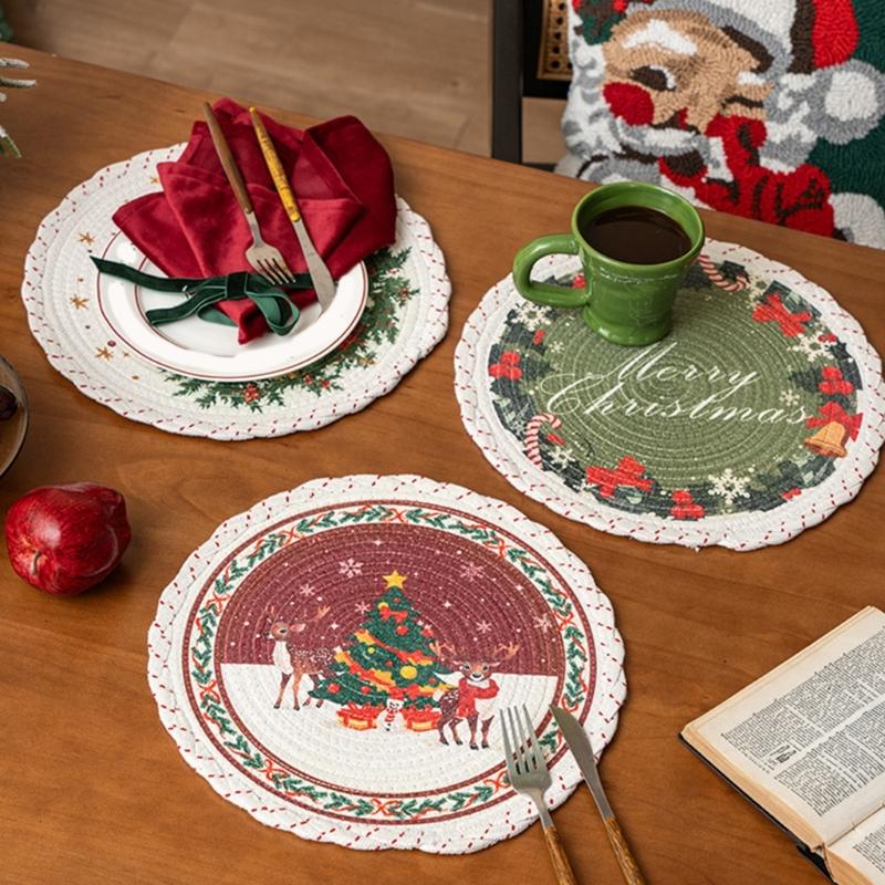 Christmas Snowflake Embroidered Round Table Placemat Heatproof Waterproofs Washable Decorative Dining Accessory