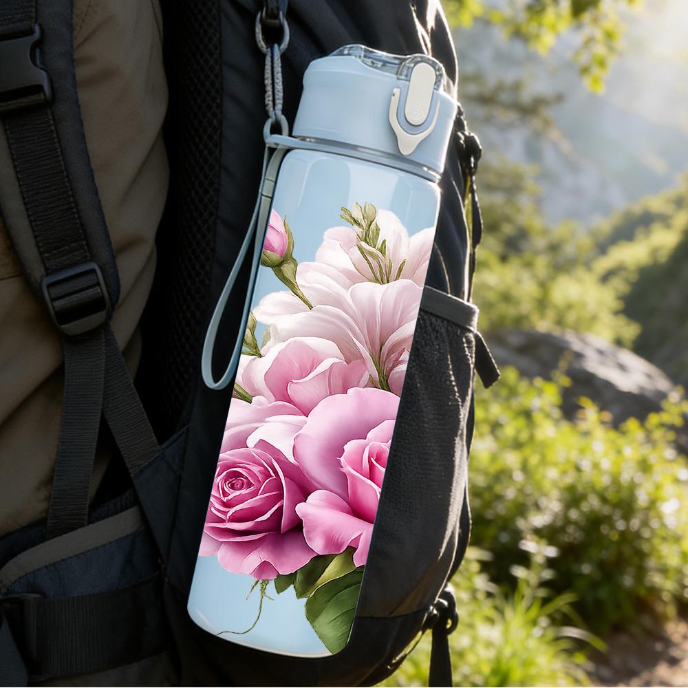 1PC Multi Shade Pink Rose Bouquet 750ml Color Plastic Water Bottle Leakproof Flip Straw Lid For Sports Office Home Use