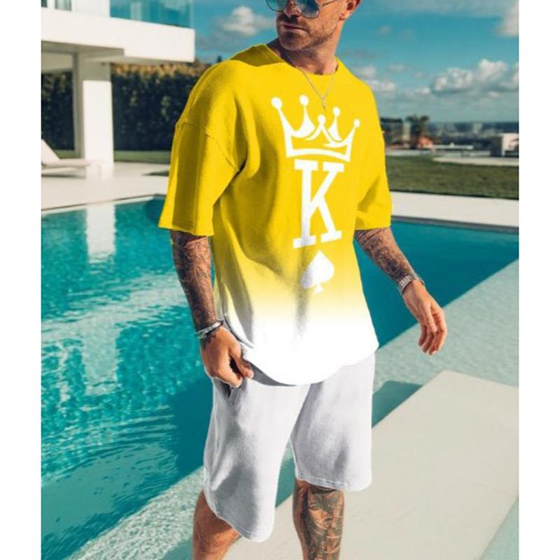 Summer Men Sets 3D Print Letter K Short Sleeve T Shirt Shorts Tracksuit O-neck Men's Suit 2 Piece Causal Man Clothes Sportswear