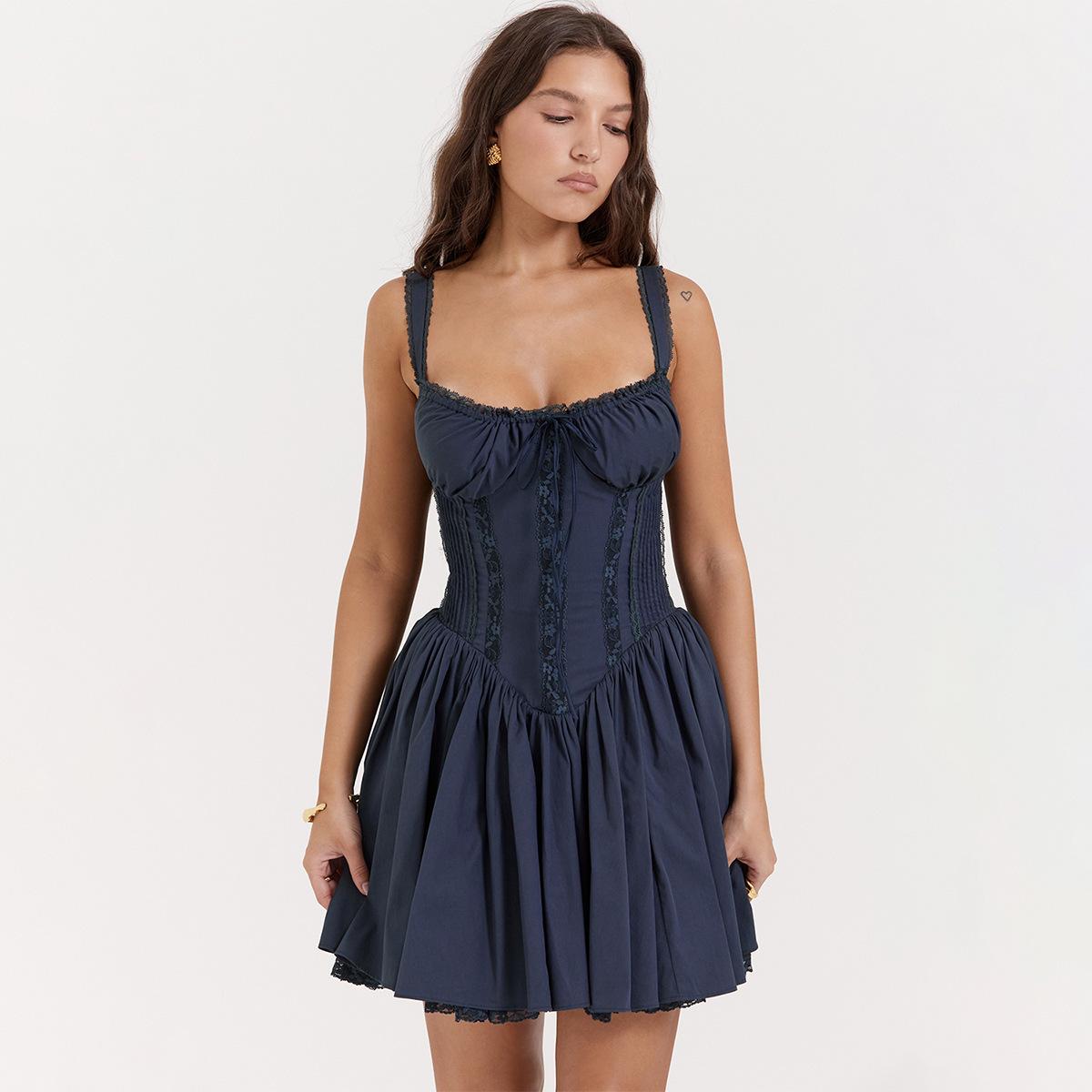 

Women s Coquette Style Lace Trim Spaghetti Strap Mini Dress Corset Waist Backless Flared Sexy Party Casual Dress XL темно-синього кольору