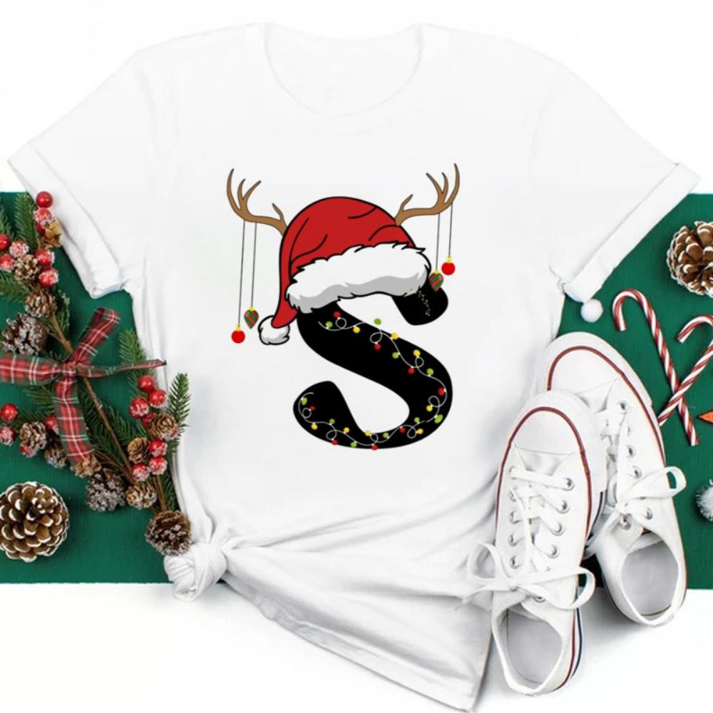 Christmas Hat A To Z Letters Tshirt Christmas Family Activity Sleeved Streetwear Harajuku Short Sleeve Casual Aesthetic Clothes