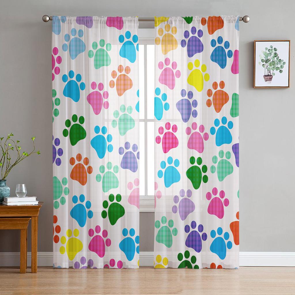 Cartoon Dog Footprints Bones Animals Sheer Curtains for Living Room Modern Voile Curtain Bedroom Tulle Curtains Window Drapes