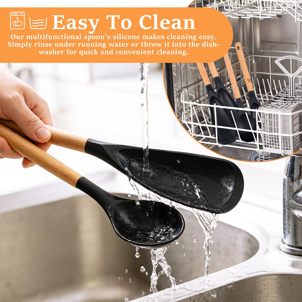 3/4Pcs Silicone Cooking Spatulas Spoons Set Wood Handle Multi-functional Serving Spatula Spoon for Baking Scooping and Scraping