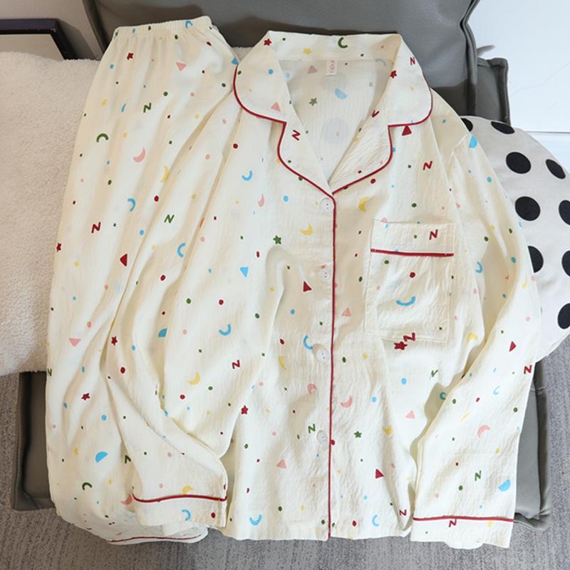 Women's Spring & Autumn Cloud Cotton Pajama Set - Thin Print & Embroidery, Loose Fit, Long Sleeve & Pants Home Wear.