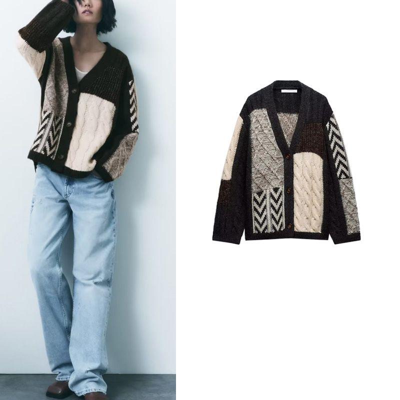 Za Fall and Winter New Preppy Style Cable-Knit Sweater Cardigan V Neck Loose and Idle Patchwork Knitting Outwear 9874104