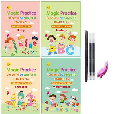 4PCS Magic Copybook Spanish English French German Grooved Handwriting Workbooks for Kids Reusable Practice Book With Pen Refill