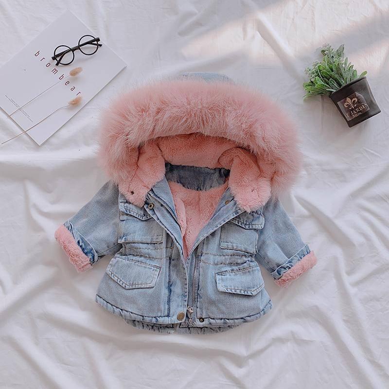 Korean Style Girls' Winter Denim Coat with Big Fur Collar and Velvet Lining