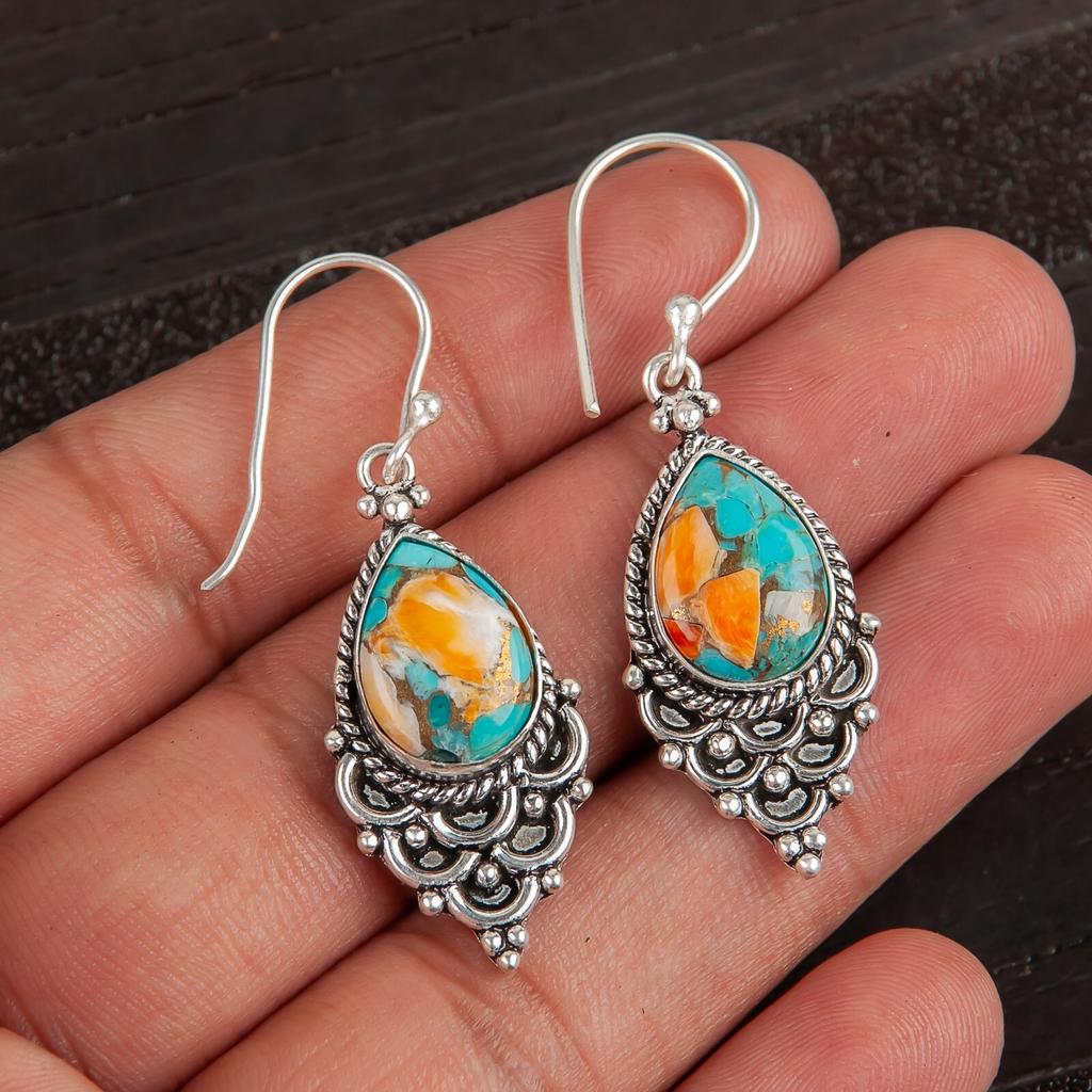 Natural Spiny Oyster Gemstone 925 Sterling Silver Jewelry Handmade Earrings 1.9" EE-85-36