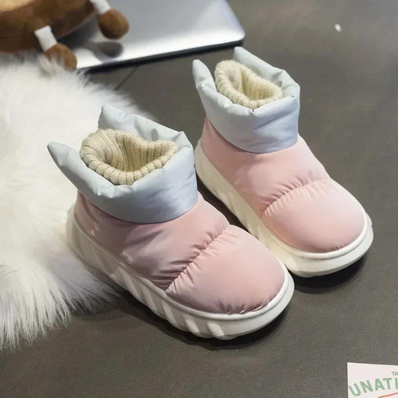 Children Waterproof Down Fabric Plush Athick Snow Boot Cute Warm Short Tube Bread Cotton Shoe External Wear Boots for Kids Girls