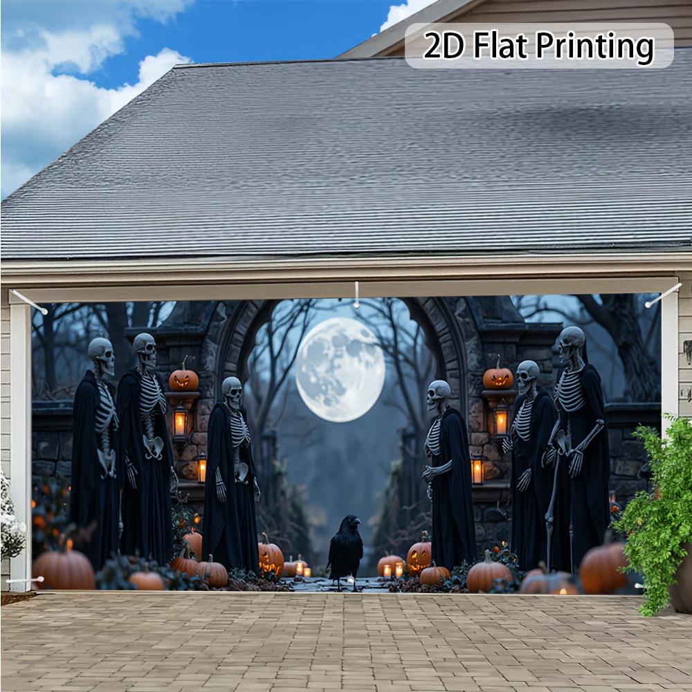 1pc Large Halloween Garage Door Banner - Ghost Skull  Pumpkin Lantern  and Full Moon Background Decoration