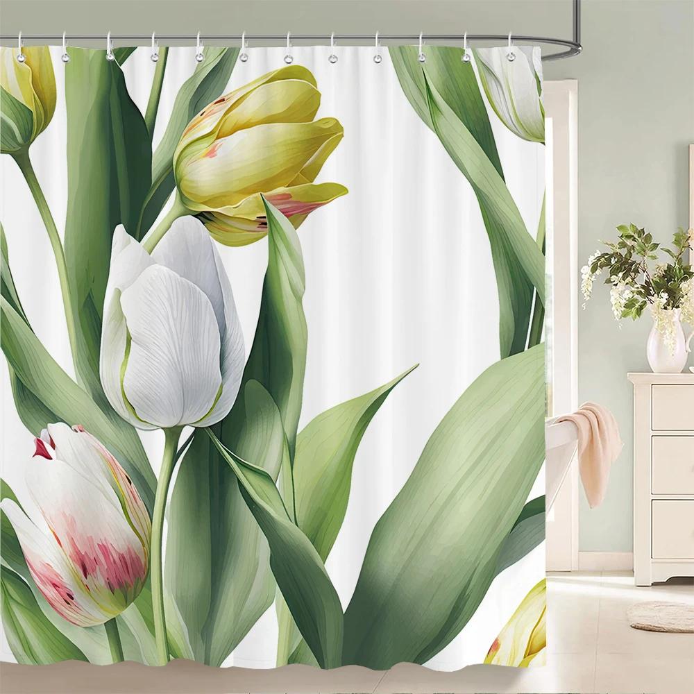 Green Plant Leaves Print Shower Curtains Watercolor Boho Floral Waterproof Morden Bathroom Bathtub Curtain Room Decor With Hooks