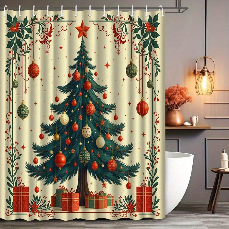 

Festive Christmas Tree Shower Curtain With Hooks - Washable Polyester, Holiday Bathroom Decor, Colorful Ornaments W60H190(CM)-1 Pcs