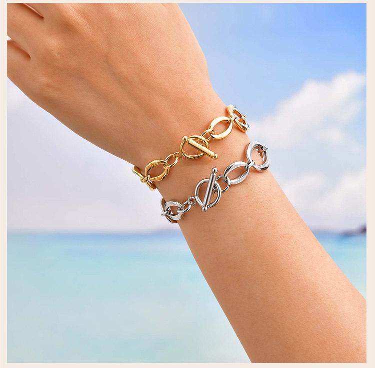 Stainless Steel Geometric Link Chain Bracelets for Women, Toggle Clasp Bangle, Minimalist Jewelry Wholesale