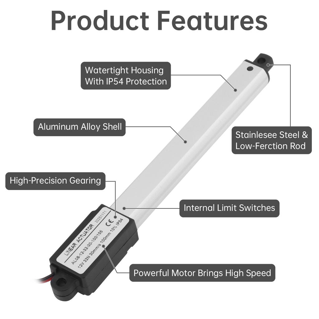Mini Electric Linear Actuator 12V 10-200mm Stroke Electric Reciprocating Lifting Linear Motion Actuator for Home Automation with Mounting Brackets