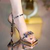Fashion Gold Silver High Heels Sandals Women 2025 Summer Square Toe Shiny Crystal Sandals Woman Ankle Straps Thin Heel Party Pumps Shoes