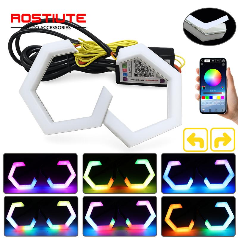 Hexagon RGB LED Angel Eyes Halo Rings with Turn Signal Car Headlights Projector Rings 70mm 80mm 90mm 12-24V for Motorcycle Auto RGB to Yellow