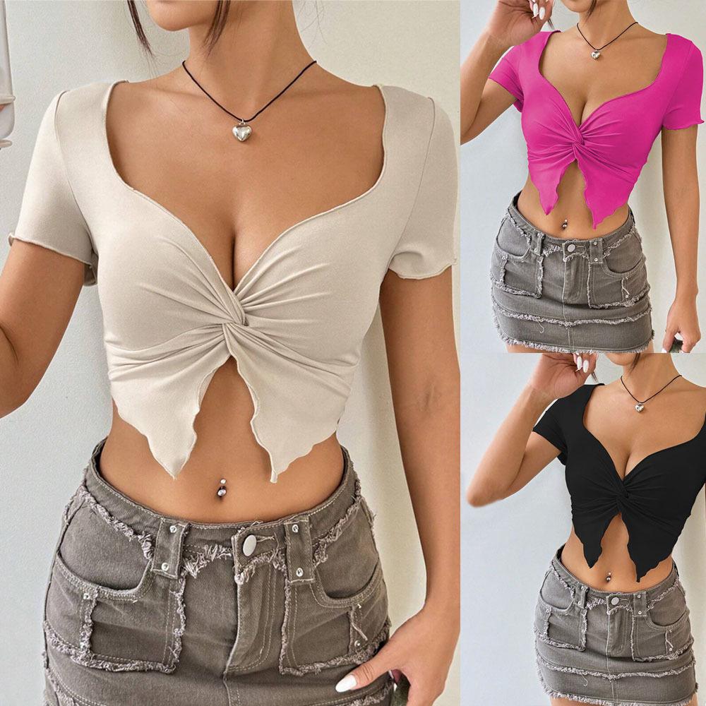 

2024 Euro-American Deep V Neck Twist Pleat Short Top Extra Small чёрный